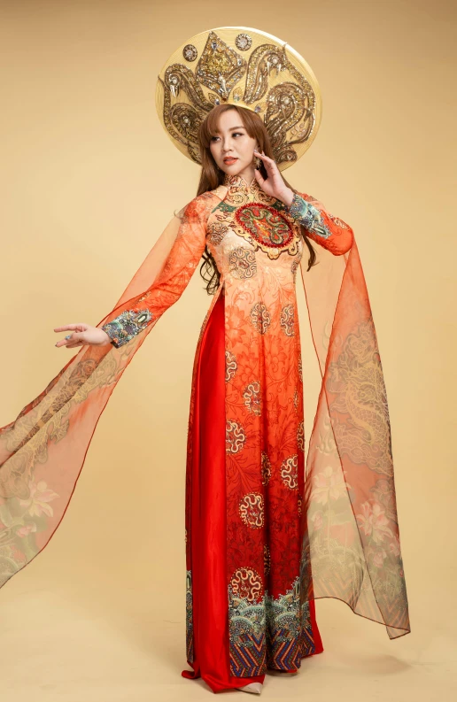 a woman wearing a red dress and a large hat, an album cover, inspired by Tang Di, arabesque, ao dai, * * *, slide show, peach
