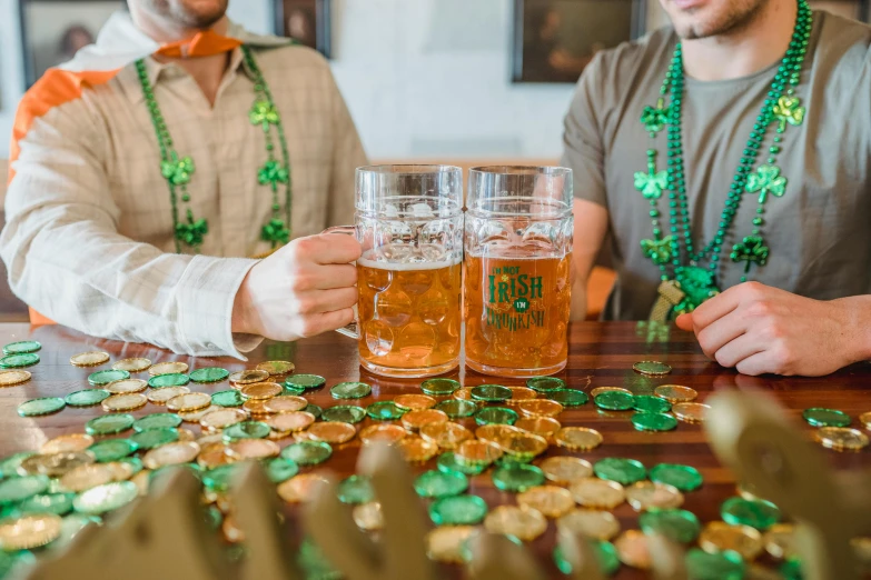 a group of men celebrating st patrick's day at a bar, by Meredith Dillman, pexels, behind bar deck with bear mugs, wearing many medallions, thumbnail, the orbs of byob