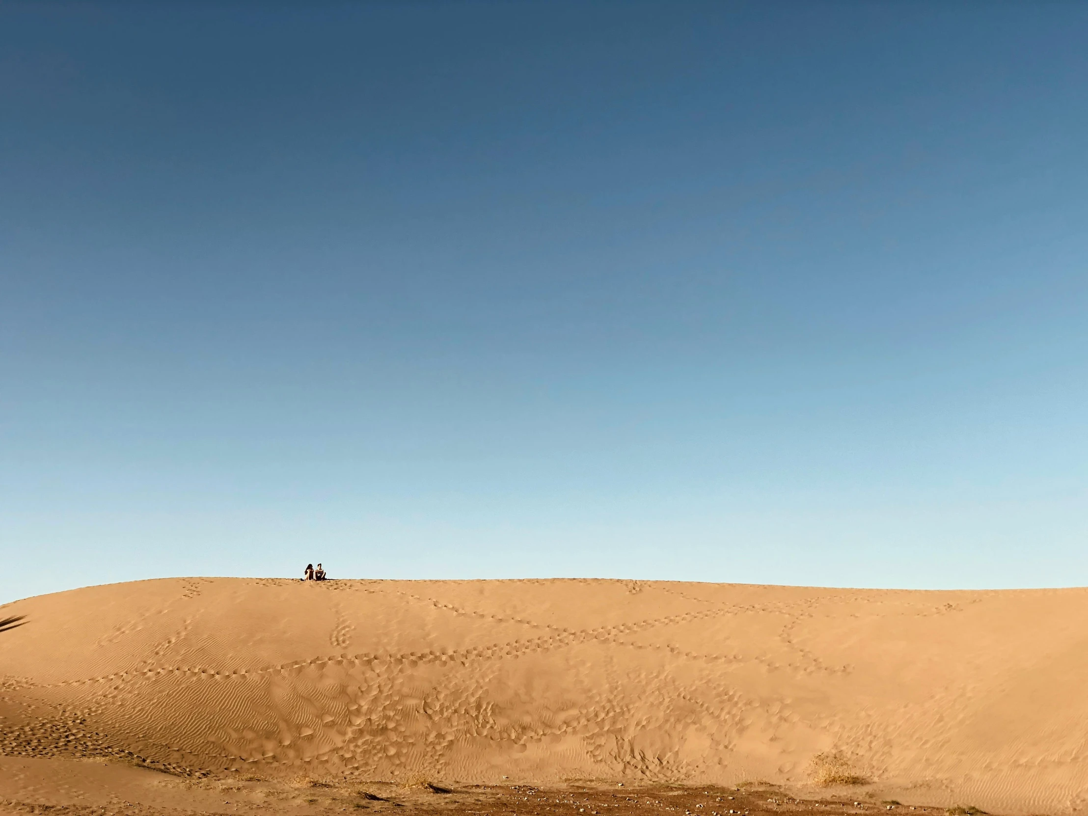 a person standing on top of a sand dune, from afar, sitting alone, clear sky, instagram post