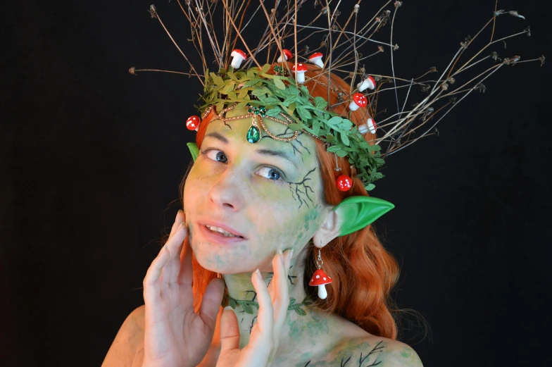 a close up of a person wearing a costume, inspired by Wendy Froud, pixabay contest winner, forest style studio shot, diadem on the head, various posed, tinkerbell