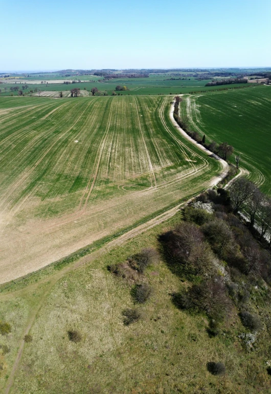 an aerial view of a large green field, by Julian Allen, ww1 trench, unobstructed road, wide views