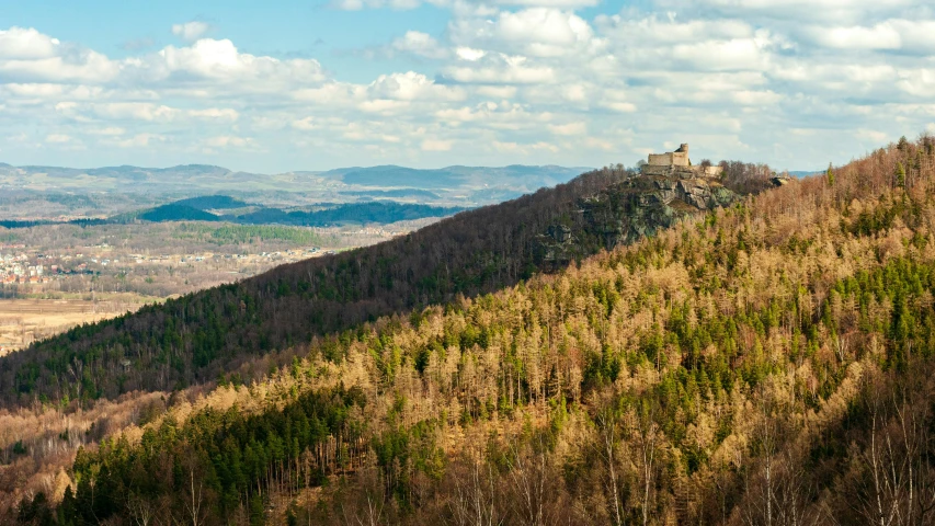 a view of the mountains from the top of a hill, by Juergen von Huendeberg, pexels contest winner, renaissance, rennes - le - chateau, william penn state forest, destroyed castle, thumbnail