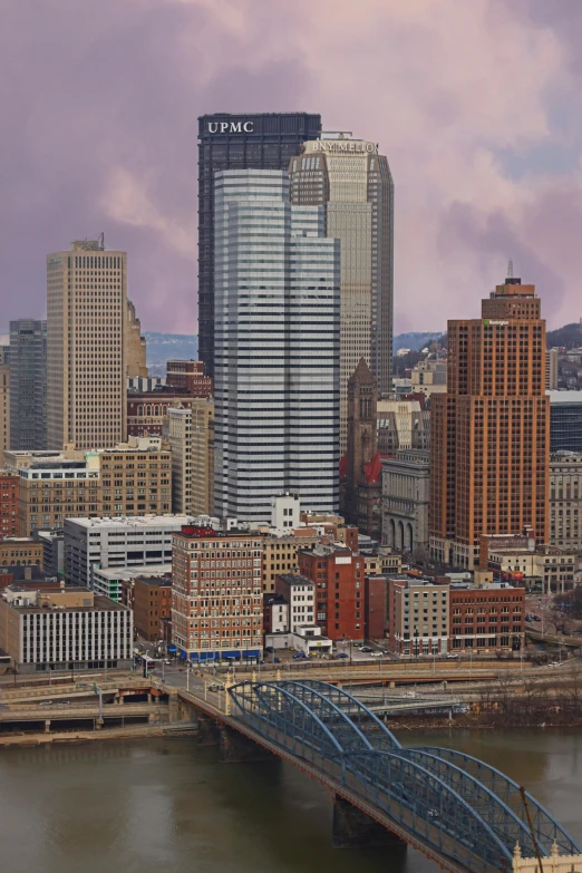 a bridge over a river with a city in the background, a matte painting, inspired by Thomas Struth, pittsburgh, purple roofs, portrait of tall, panoramic