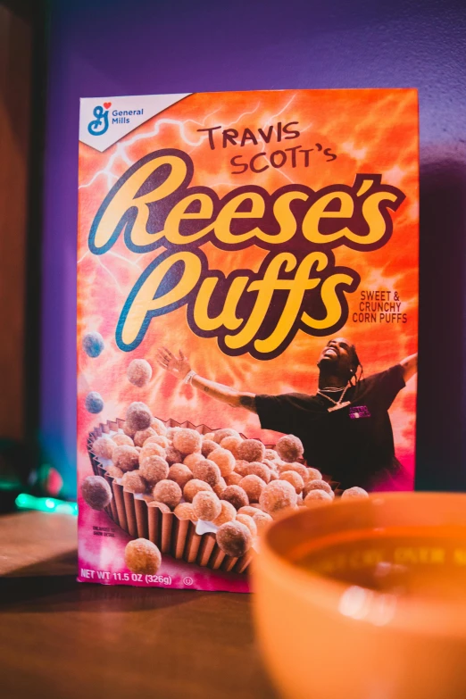 a box of reese's puffs next to a bowl of cereal, an album cover, by Steve Prescott, trending on pexels, travis scott, lights, me, 2 5 6 x 2 5 6 pixels