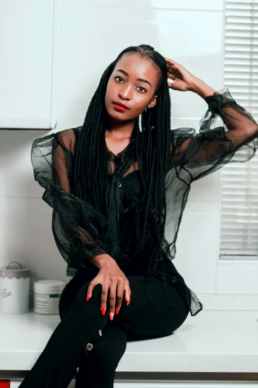 a woman sitting on top of a kitchen counter, by Ella Guru, trending on pexels, hurufiyya, black haute couture, portrait of tall, black tendrils, transparent background