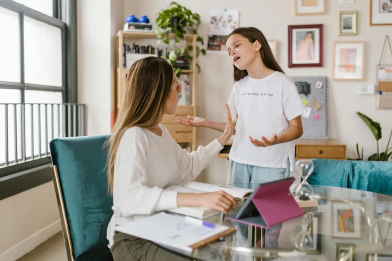 two women sitting at a table talking to each other, a cartoon, pexels contest winner, with a kid, shouting, high quality photo, studyng in bedroom