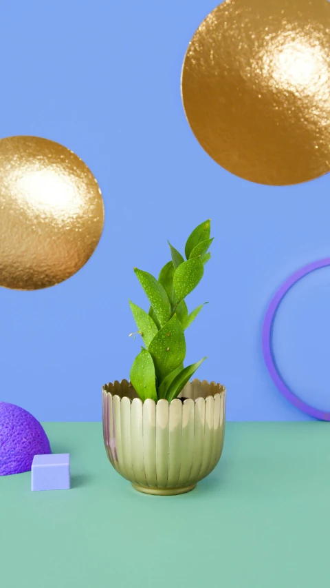 a potted plant sitting on top of a table, inspired by Yves Klein, trending on pexels, pop art, iridescent and golden, full product shot, mint leaves, floating metallic objects