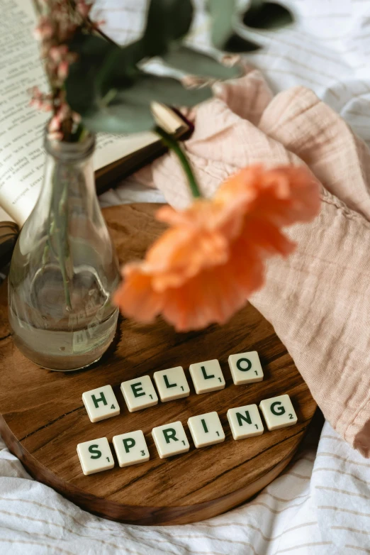 a flower sitting on top of a wooden tray next to a book, spring theme, hello, thumbnail, letters