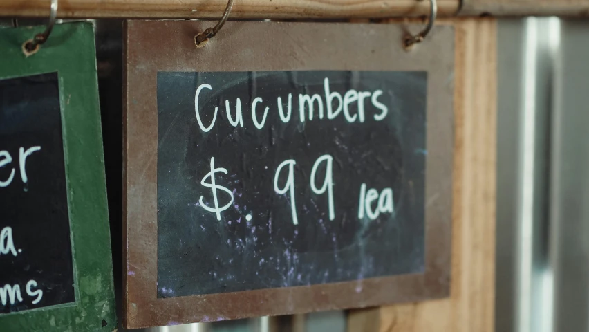 a couple of signs hanging on the side of a building, a picture, cucumber, at the counter, full product shot, blackboard
