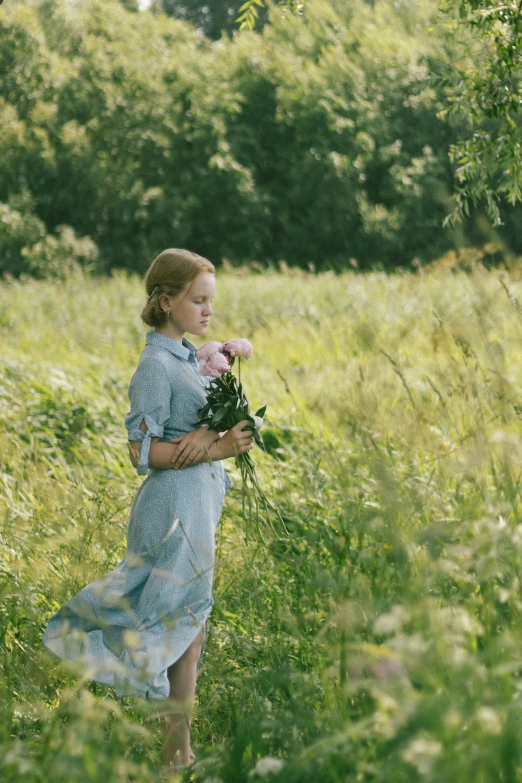 a woman standing in a field holding a bunch of flowers, inspired by Isaac Levitan, unsplash, romanticism, scene from live action movie, julia garner, 15081959 21121991 01012000 4k