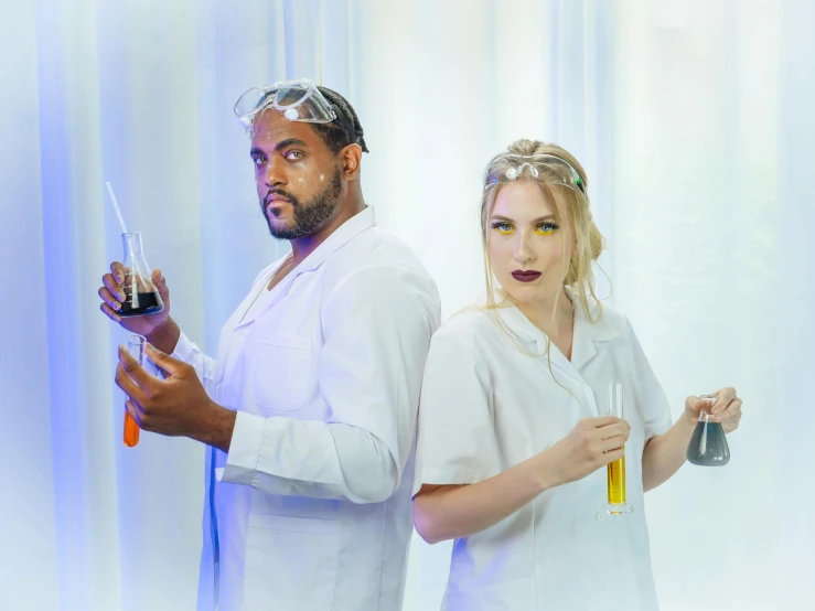 a man and a woman in lab coats holding test tubes, a portrait, inspired by Karl Bryullov, pexels, renaissance, diverse costumes, altered carbon style, nurse scrubs, photo from a promo shoot