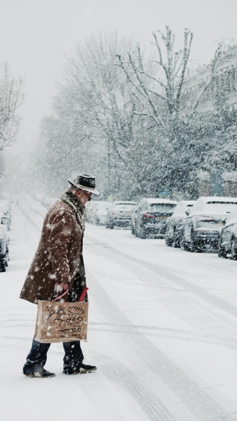 a man walking across a snow covered street, an album cover, by Andrew Stevovich, pexels contest winner, straw hat and overcoat, snowstorm ::5, where's wally, cinematic diane arbus