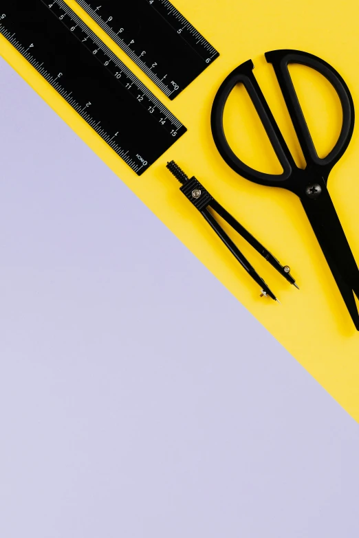 a pair of scissors and a ruler on a yellow background, trending on unsplash, visual art, black and purple, pencils, 9 9 designs, no - text no - logo