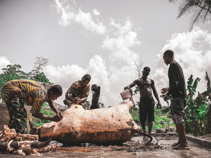 a group of men standing around a dead animal, by Daniel Lieske, pexels contest winner, process art, deforestation, yoruba body paint, a photograph of a rusty, working hard