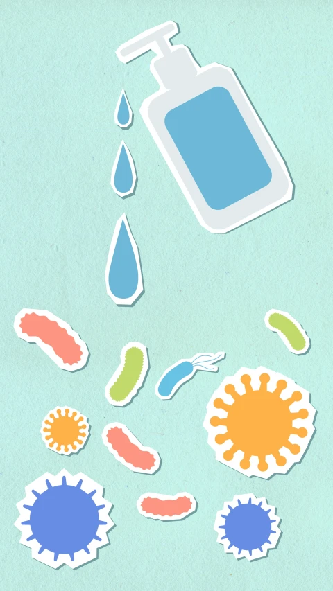 a bottle of hand sanitizer surrounded by stickers, an illustration of, pexels, conceptual art, micro - organisms, phone, swimming, 3 - piece