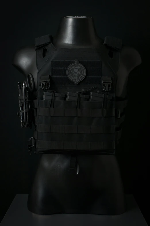 a black vest sitting on top of a mannequin, cgsociety, wearing tactical gear, ( low key light ), thicc build, medium close-up shot