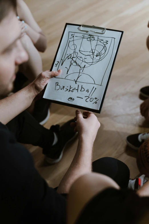 a group of people sitting around each other on the floor, a child's drawing, by Oskar Lüthy, pexels contest winner, basketball, game card frame, manga panel, medium close up shot