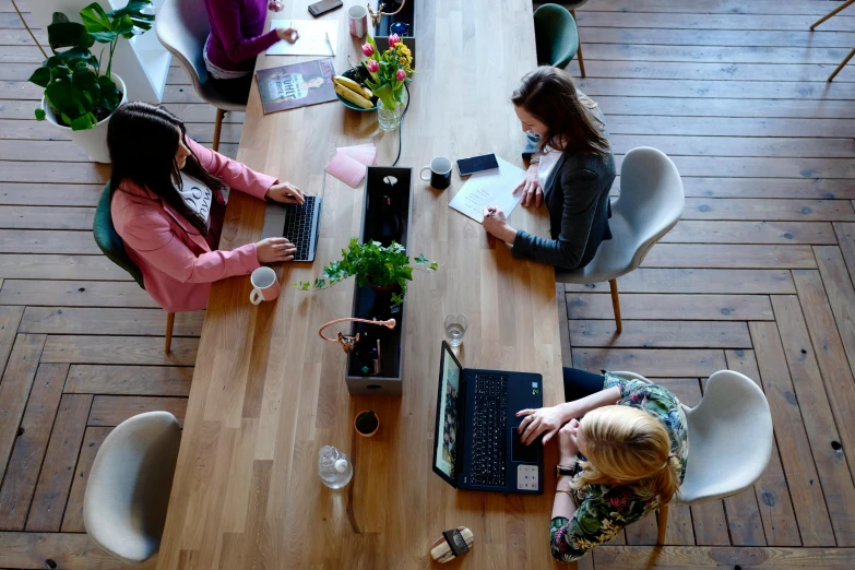 a group of people sitting around a wooden table, sitting at a computer, profile image, ariel view, decoration