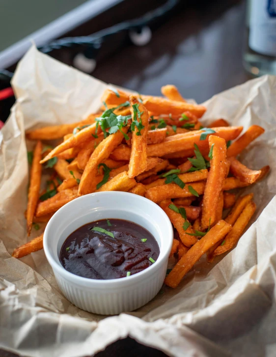 a plate of french fries and a bowl of ketchup, inspired by Pia Fries, unsplash, carrots, chocolate sauce, square, thumbnail