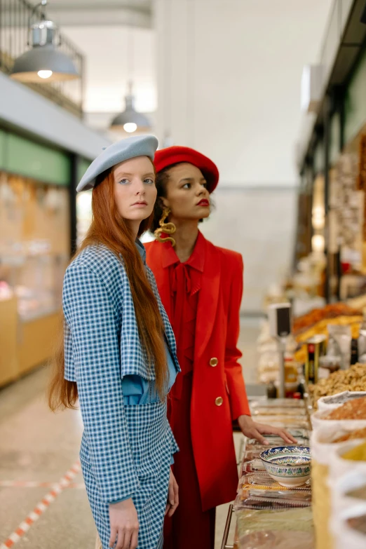 two women standing next to each other in a store, trending on pexels, renaissance, red hat, inspired in balthus, trendy food, wearing a blue jacket