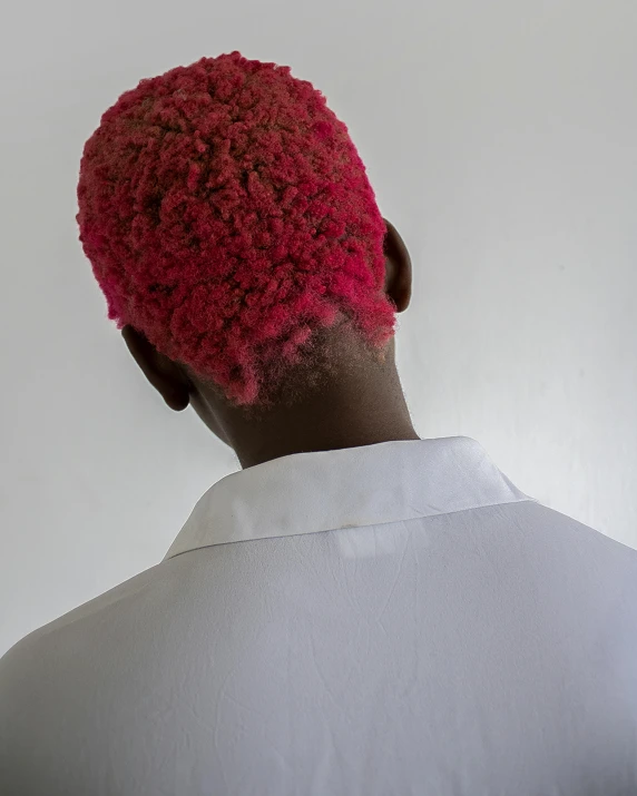 a man in a white shirt and a pink hat, an album cover, trending on unsplash, afrofuturism, red dyed hair, back - view, nonbinary model, white hair