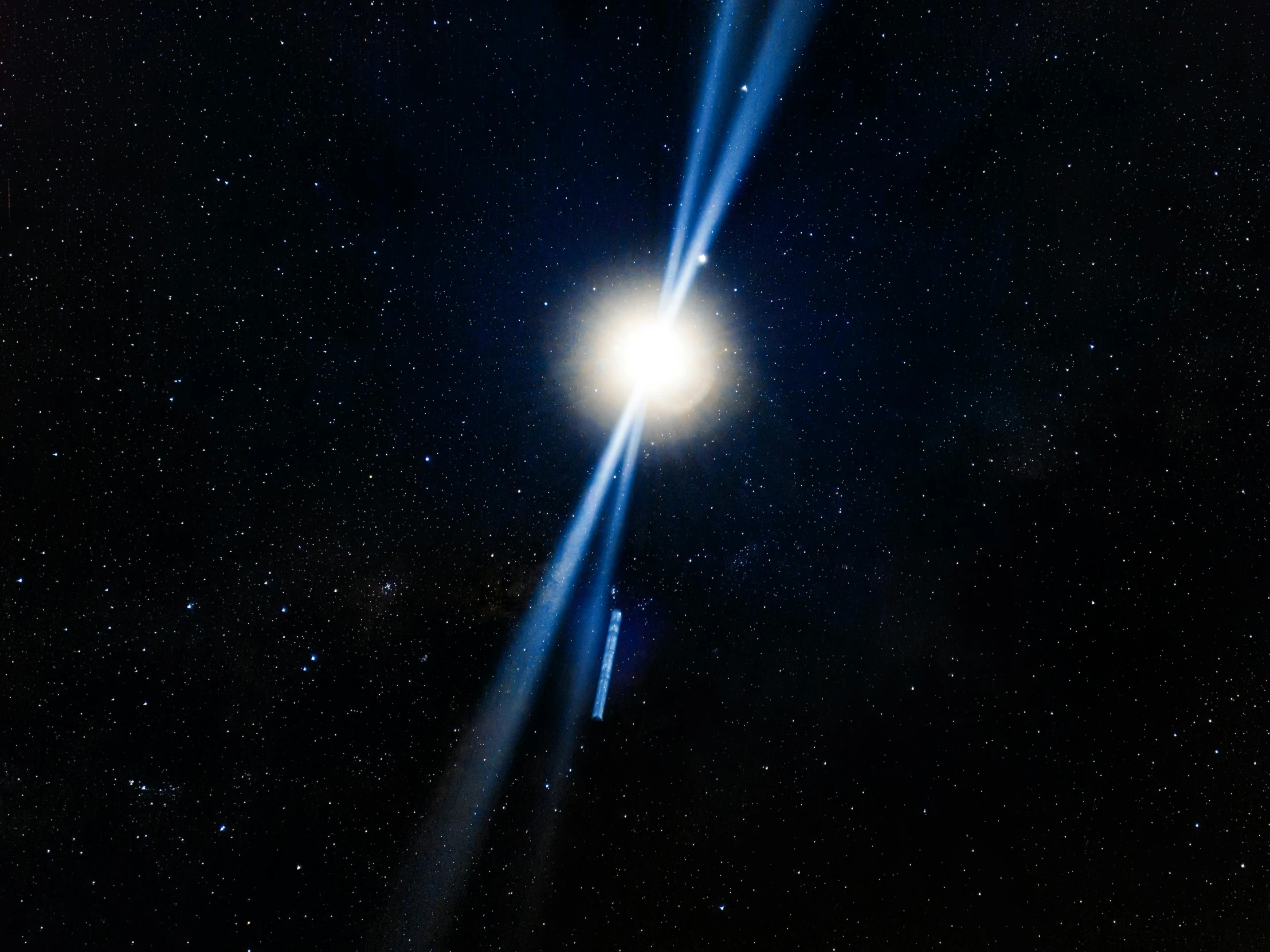 a bright star shines brightly in the night sky, a hologram, by Joe Bowler, light and space, pulsar, with two suns in the sky, very long shot, centered in image