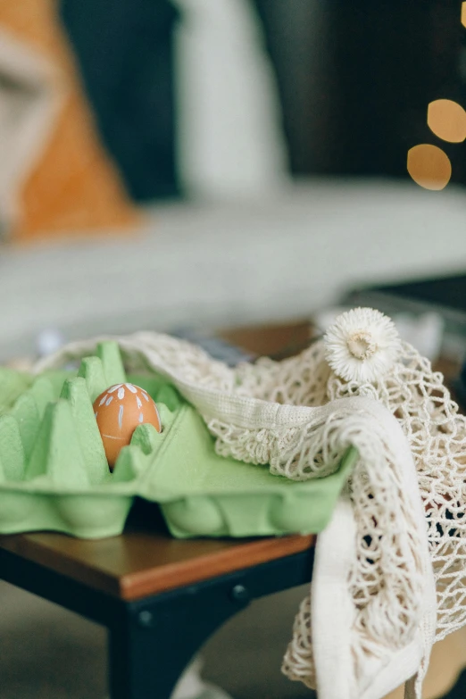 a close up of a table with a cloth on it, a still life, unsplash, arts and crafts movement, green eggs and ham, with an easter basket, concept photo, wedding