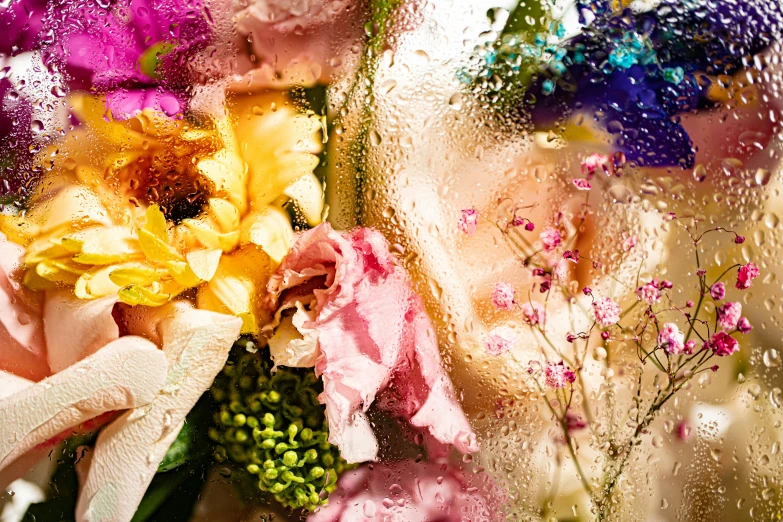 a close up of a bunch of flowers on a window, an album cover, dewy skin, multi - coloured, effervescent, resin