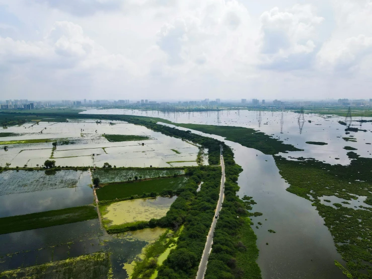 a river running through a lush green field, an album cover, inspired by Zhang Kechun, pexels contest winner, hurufiyya, flooded city, infrastructure, river delta, hoang lap