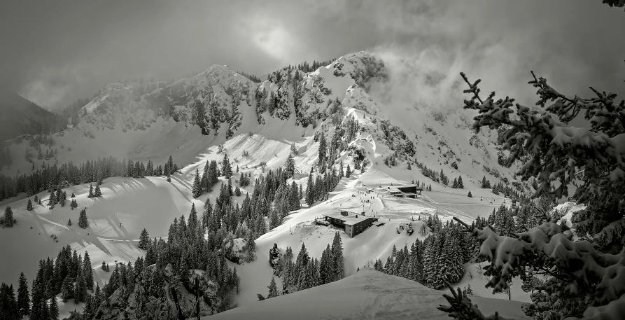 a black and white photo of a snow covered mountain, by Fritz Glarner, pexels contest winner, renaissance, : psychedelic ski resort, 8 k photo, overview, brown