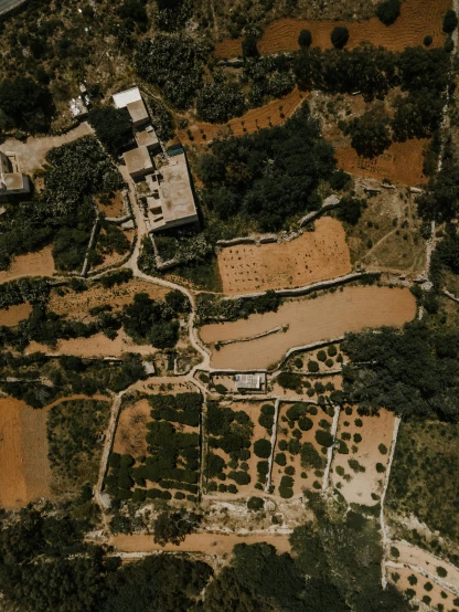 a bird's eye view of a golf course, an album cover, pexels contest winner, ancient mediterranean village, low quality footage, farms, splash image