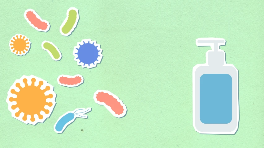 a bottle of lotion sitting on top of a green surface, an illustration of, trending on pexels, micro - organisms, colorful medical equipment, figures, on a pale background