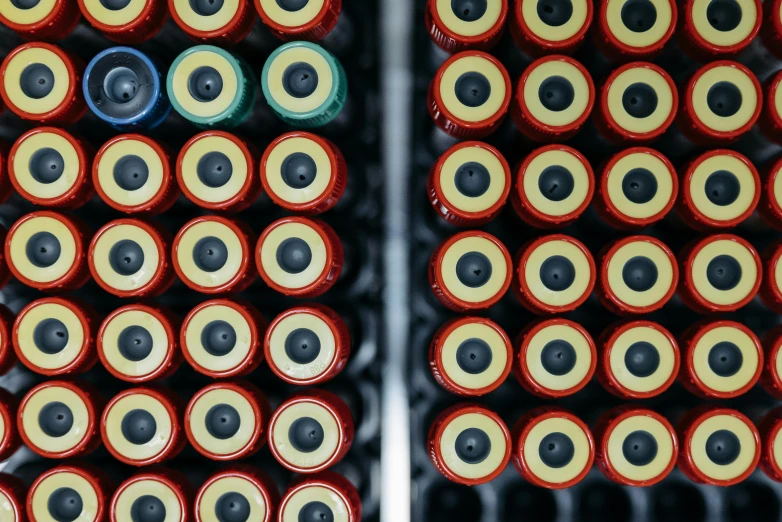 two rows of batteries sitting on top of each other, a portrait, by Konrad Witz, close-up shot taken from behind, photographed for reuters, thumbnail, tubes