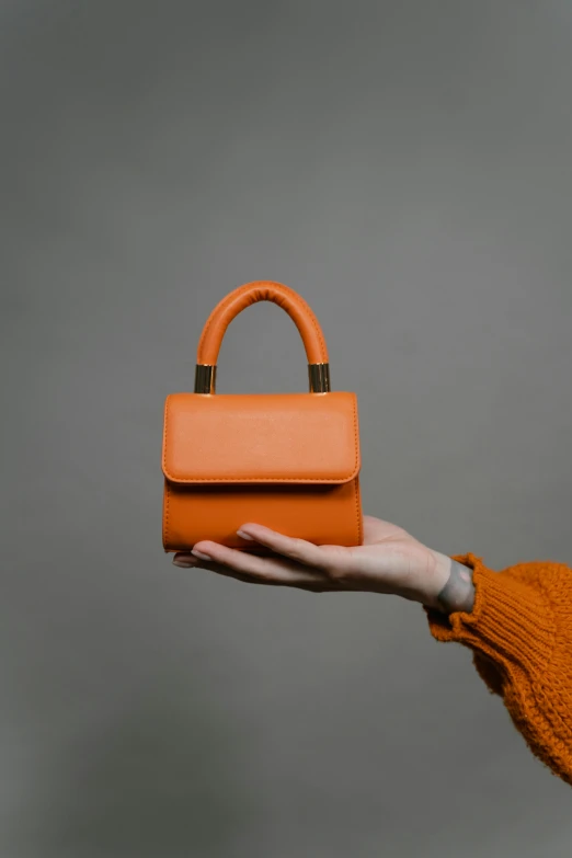 a person holding an orange purse in their hand, by Emma Andijewska, unsplash, bauhaus, square, full front view, mini model, gold