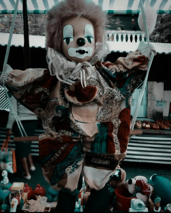 a clown with a knife and fork in his hand, a colorized photo, pexels contest winner, doll phobia, floats carnival, moody aesthetic, ((oversaturated))