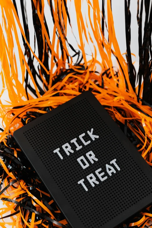 a book with a trick or treat written on it, trending on pexels, woven with electricity, medium shot portrait, adafruit, product shot