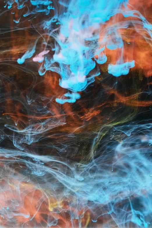a close up of a cell phone with smoke coming out of it, an abstract drawing, inspired by Kim Keever, unsplash contest winner, orange and blue colors, swirly liquid ripples, red and cyan ink, portrait photo