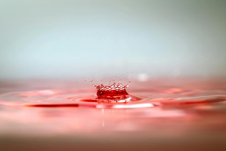 a drop of water sitting on top of a table, pexels, shades of red, shot from below, slide show, waist up