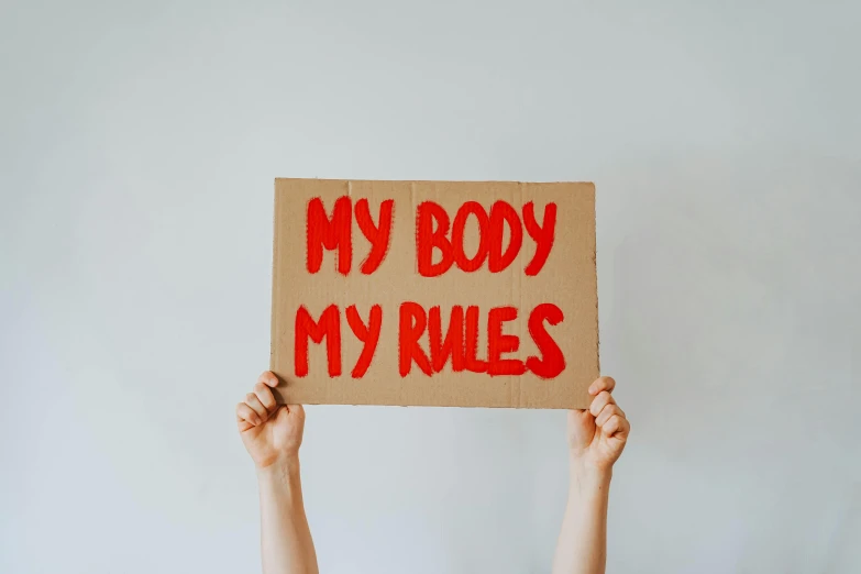 a person holding a sign that says my body my rules, pexels contest winner, antidisestablishmentarianism, red mechanical body, instagram post, bodies