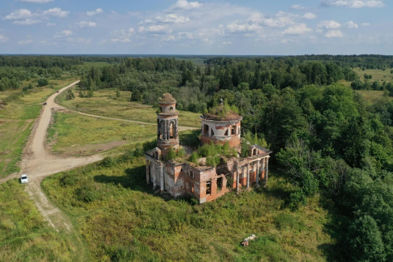 an old building sitting on top of a lush green field, an album cover, by Pavel Fedotov, pexels contest winner, renaissance, destroyed church, aerial footage, russia in 2 0 2 1, 000 — википедия