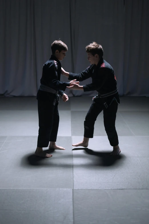 a couple of people standing on top of a floor, sparring, shadow play, no cropping, private school