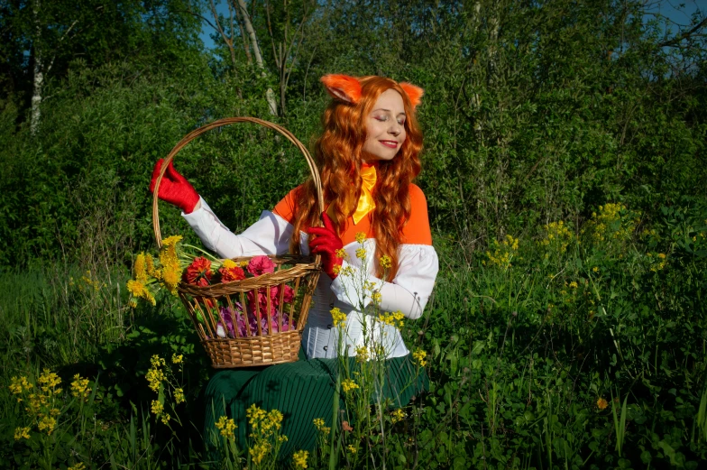 a woman with a basket of flowers in a field, by Nina Petrovna Valetova, pixabay contest winner, furry art, fursuit, orange cat, forest hunter lady, avatar image