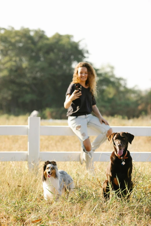 a woman standing next to two dogs in a field, a portrait, pexels, square, high quality photo, photo for magazine, panels