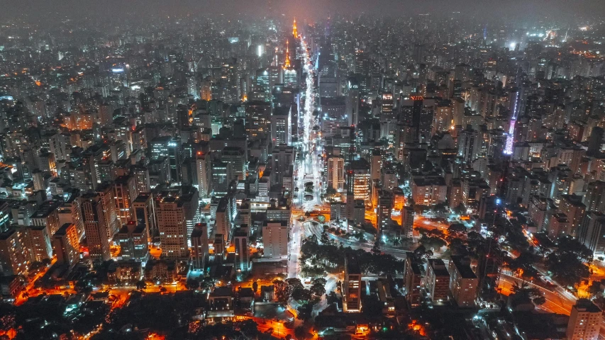 an aerial view of a city at night, pexels contest winner, avenida paulista, high resolution photo, multiple stories, japanese downtown