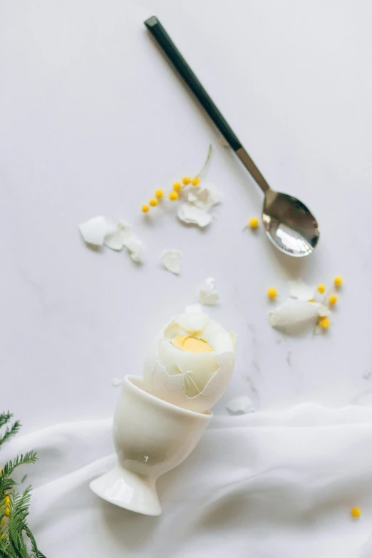 an egg sitting on top of a table next to a spoon, by Jessie Algie, unsplash, renaissance, jellyfish gelatin, white and yellow scheme, edible flowers, holiday season