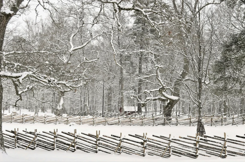 a wooden fence surrounded by snow covered trees, a photo, inspired by Asher Brown Durand, folk art, an intricate, camp