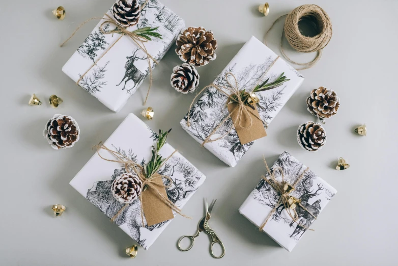 a bunch of wrapped presents sitting on top of a table, a black and white photo, trending on pexels, forest themed, white box, botanical herbarium paper, ornamental bow