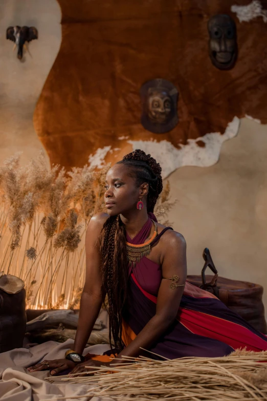 a woman sitting on a bed in a room, inspired by Afewerk Tekle, pexels contest winner, afrofuturism, himba hairstyle, standing in the savannah, long braided hair pulled back, promotional image