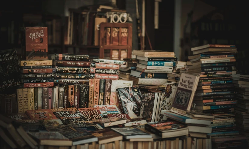 a pile of books sitting on top of a table, pexels contest winner, maximalism, brown, market, instagram post, historical image