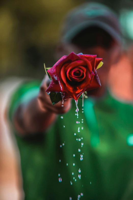 a close up of a person holding a flower, water spray, holding a rose, deep green, crimson themed